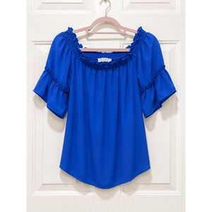 Pink Rose Royal Blue Off Shoulder Peasant Blouse Small Boho Whimsy Festival Top